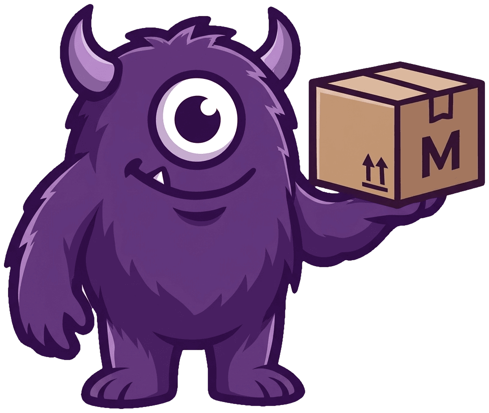 Moving-Monsters-Maskottchen hält einen Umzugskarton